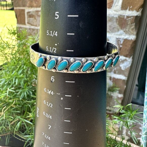 VTG Navajo Open Cuff Bracelet Size 5.75 Blue Turquoise 7 Cabs 925 Sterling 13.9g - Picture 11 of 12